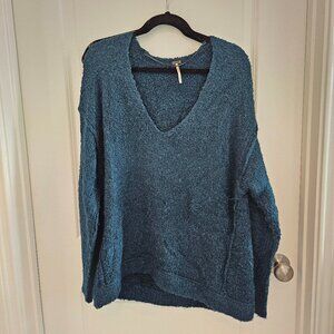 Free People Teal Boucle V-Neck Tunic Sweater